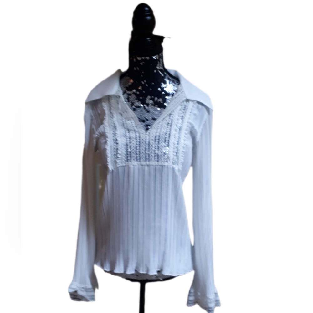 Maje White Lace-Trim Pleated Blouse